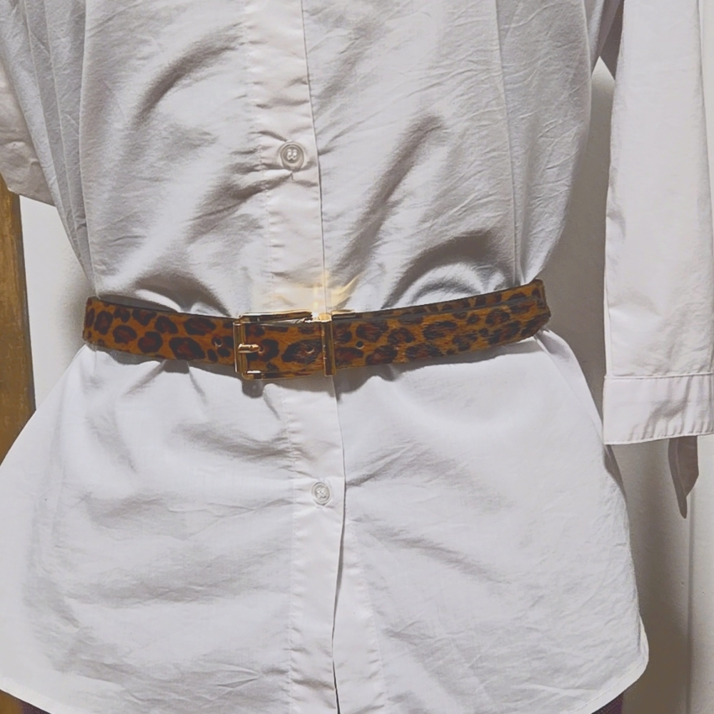 Leopard print/black women's thin belt with gold buckle
